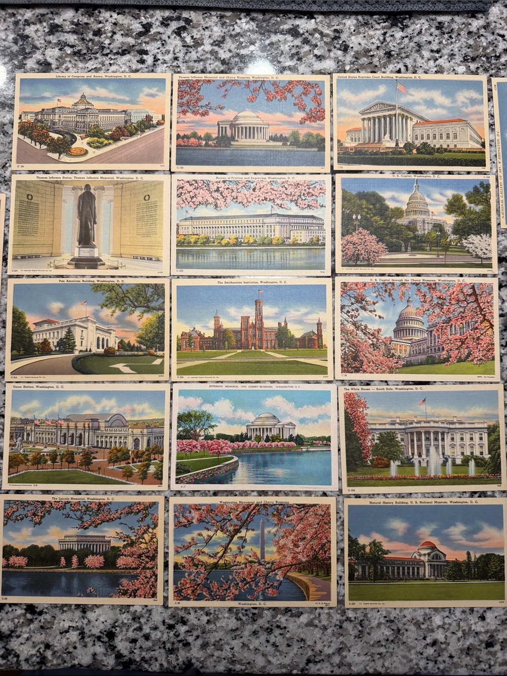Set of 20 Vintage Linen Washington D.C. Postcard Set - Cherry Blossom Monuments